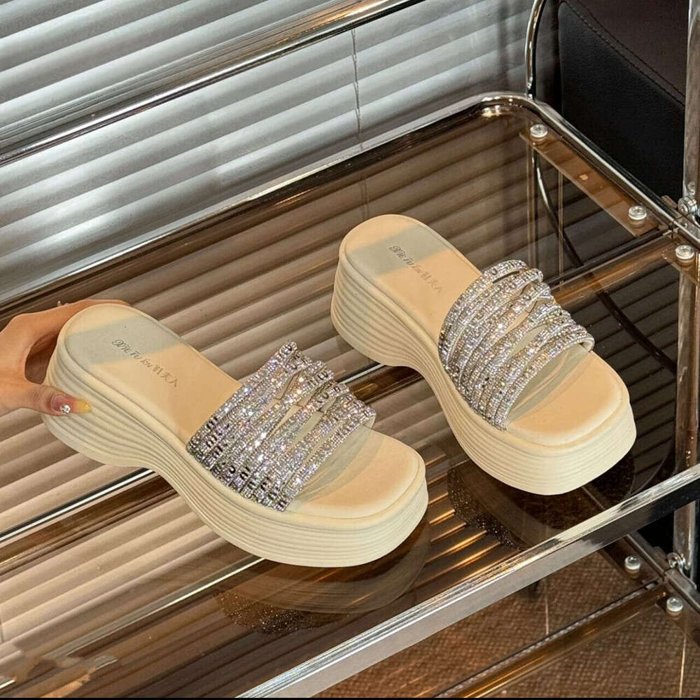 2025 New Trendy Summer Wedge Thick Sole Height Increasing Rhinestone designer shoes Slide Sandals for Outdoor Wear