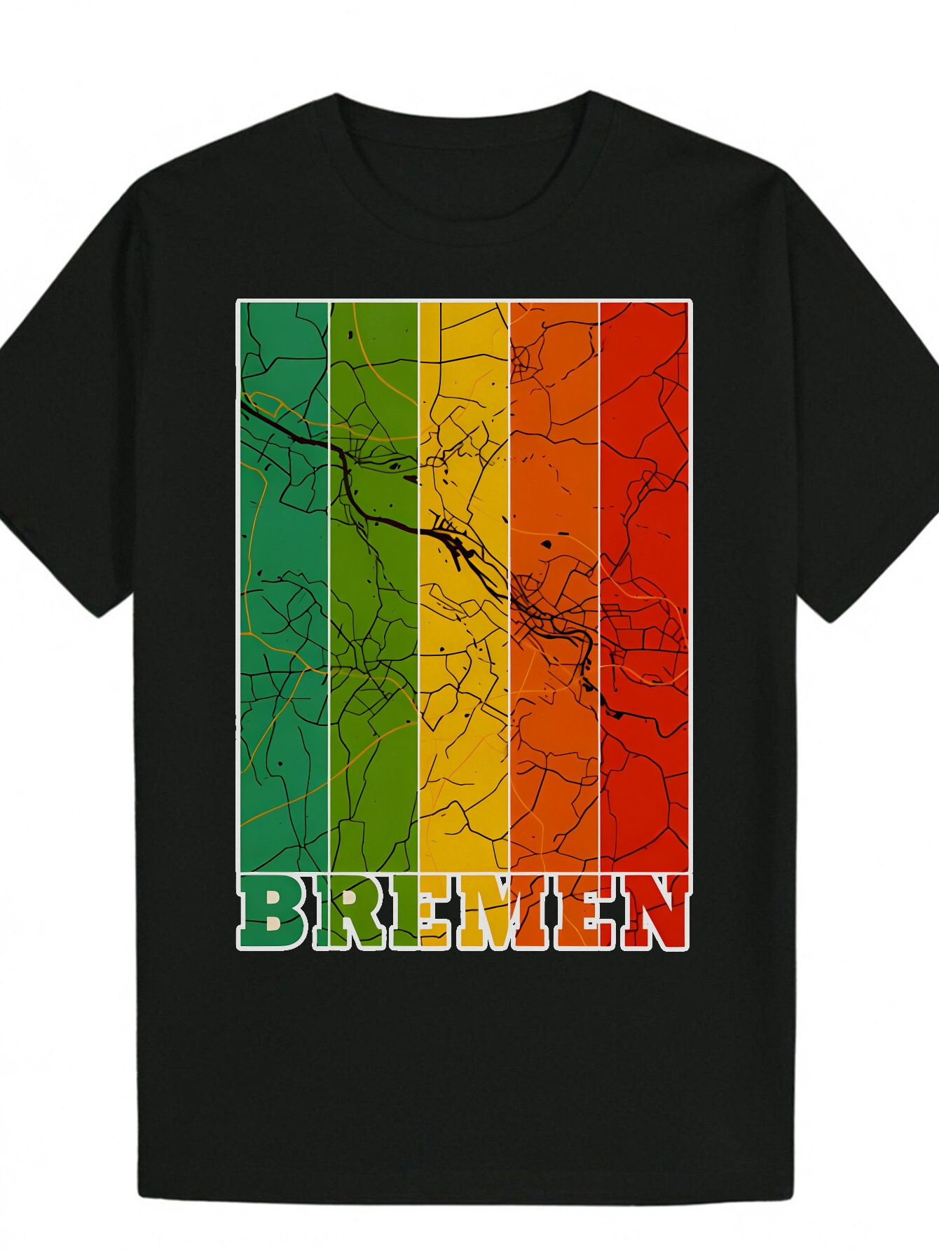 Men's Casual Pattern T-Shirt - Bright Rainbow Stripes and 'BREMEM' Text Breathable Polyester Fiber, Regular Crew Neck, Machine Washable