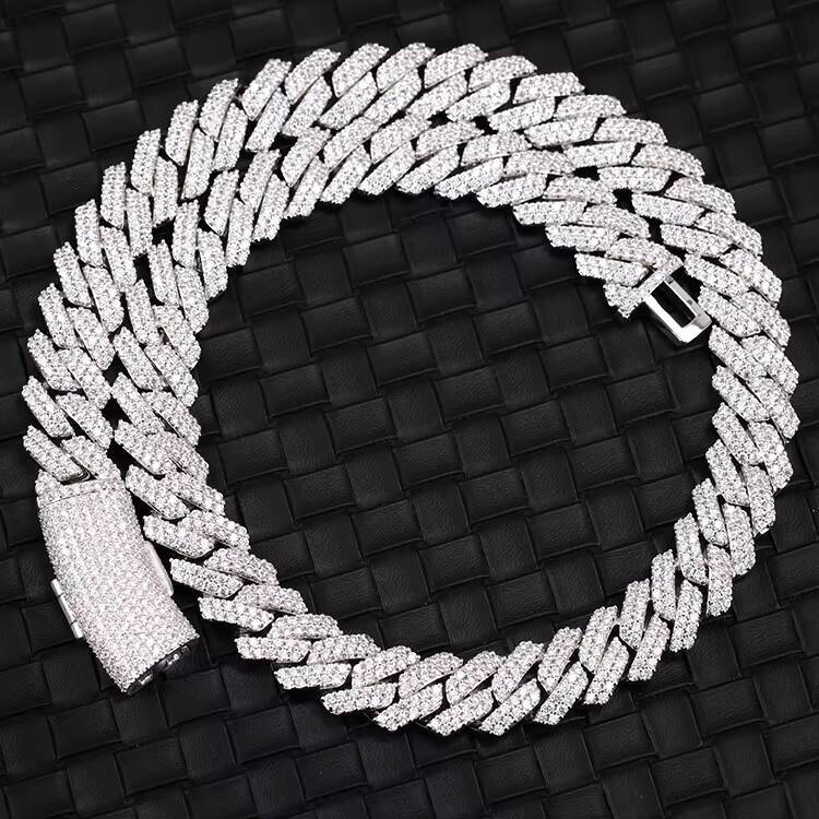IRTS Moissanite Gra Certificated Cuban Chain14mm 2 Rows 925 Silver Hip Hop Moissanite Pass Diamond Test Cuban Link Chain