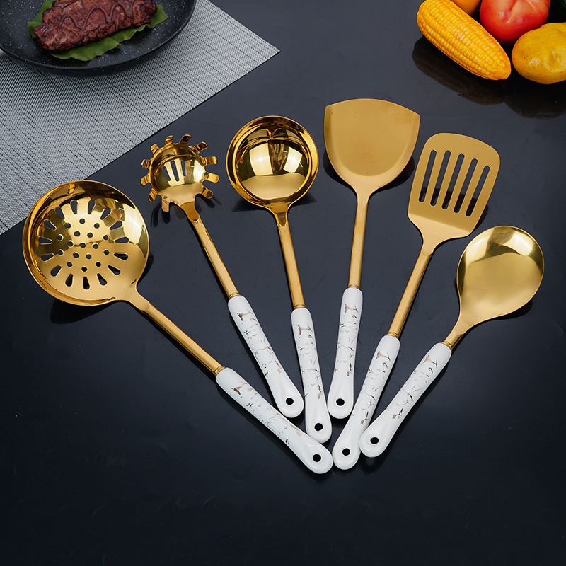Stainless Steel Cooking Colander Ceramic Handle Stirring Spoon Household Kitchen Utensils Frying Spatula High Temperature Resistant Set