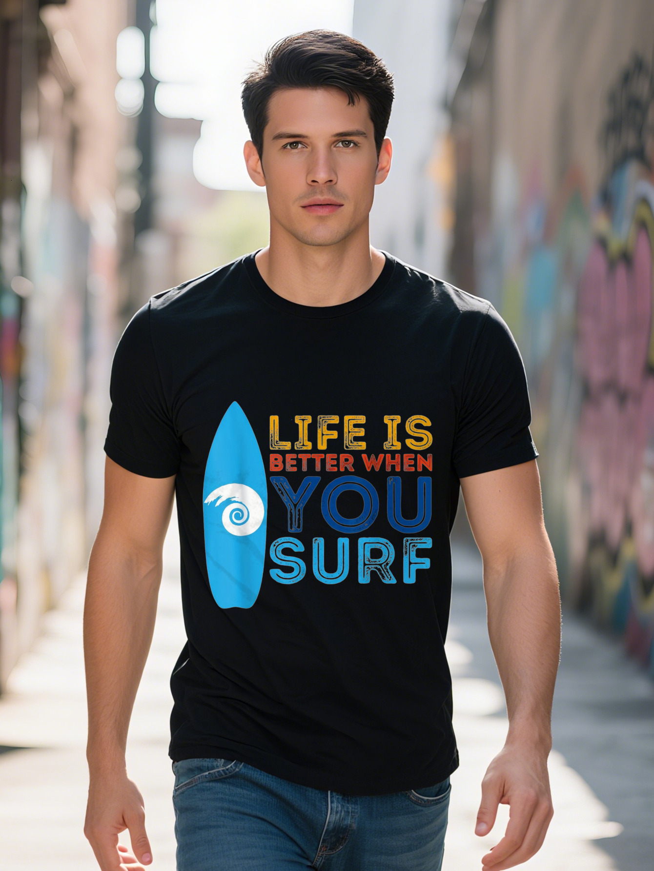 Men s Cotton Graphic T Shirt Life is Better When You Surf Funny Design Black with Colorful Surfboard Print 75474