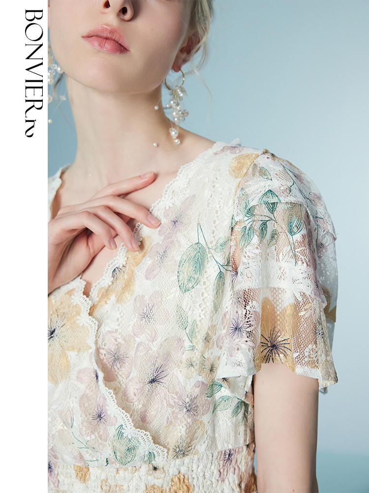 2025 summer new style ruffled high waist slim lace French elegant floral dress 6116190