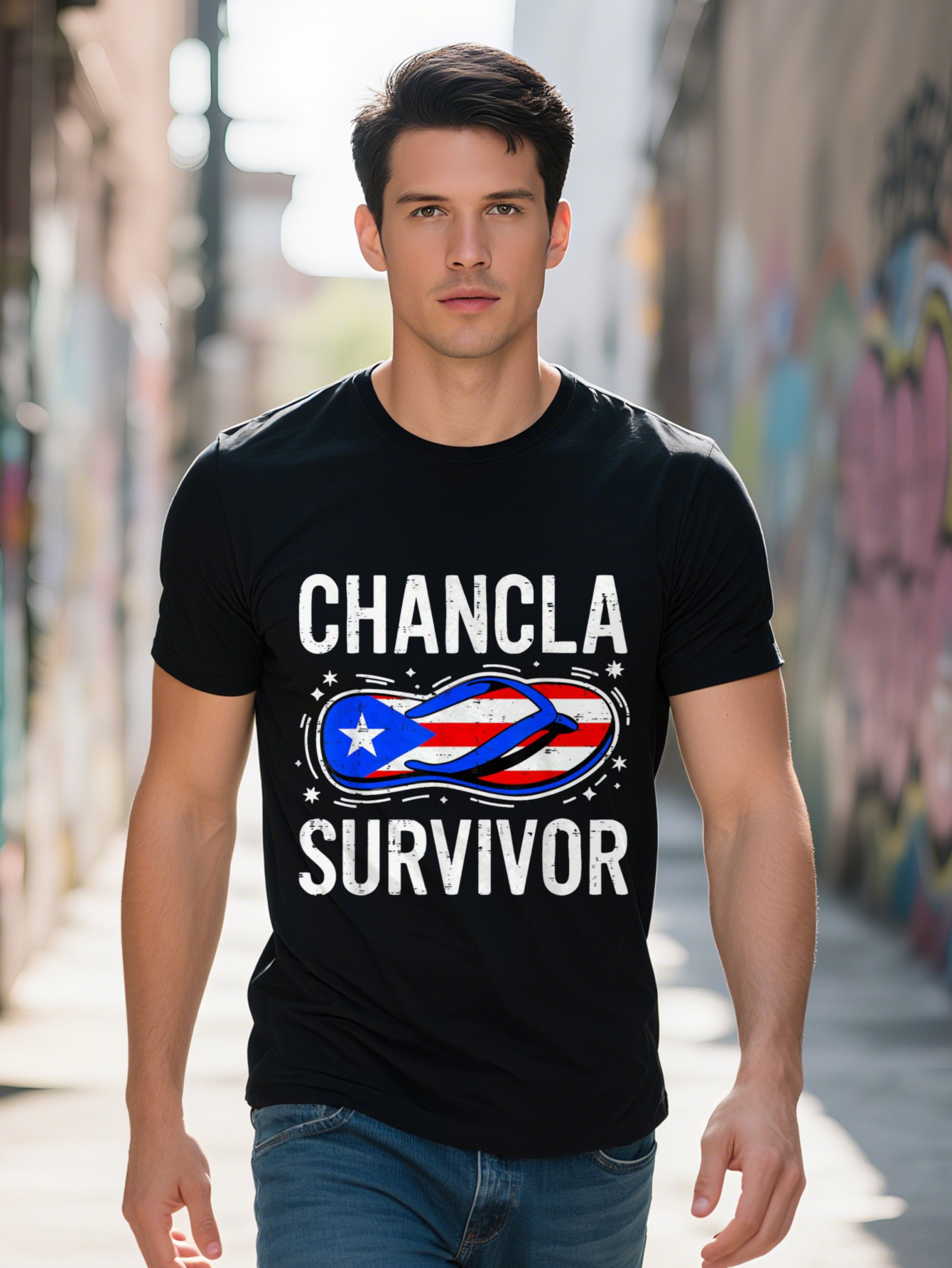Men s g Cotton T Shirt Chancla Survivor Rican Humor Graphic Tee with Flag Design Short Sleeve Round Neck d2866
