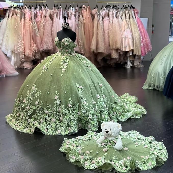 Glitter Tulle Quinceanera Dresses Floral 3D Flowers Applique Crystal Beads Off The Shoulder Corset Back Sweet 16 Dress Graduation Pageant Gowns 01