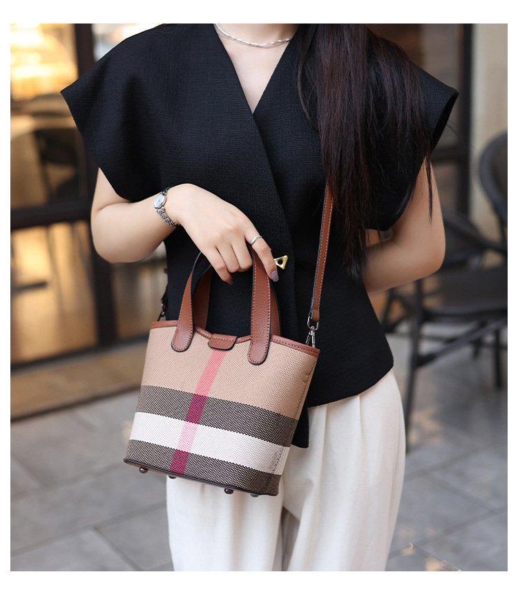 Women's Handbags Genuine Leather Canvas Checkered Color - Blocking Handheld Bags Market Basket Bags 2025 Fashion Shoulder and Cross - body Bucket