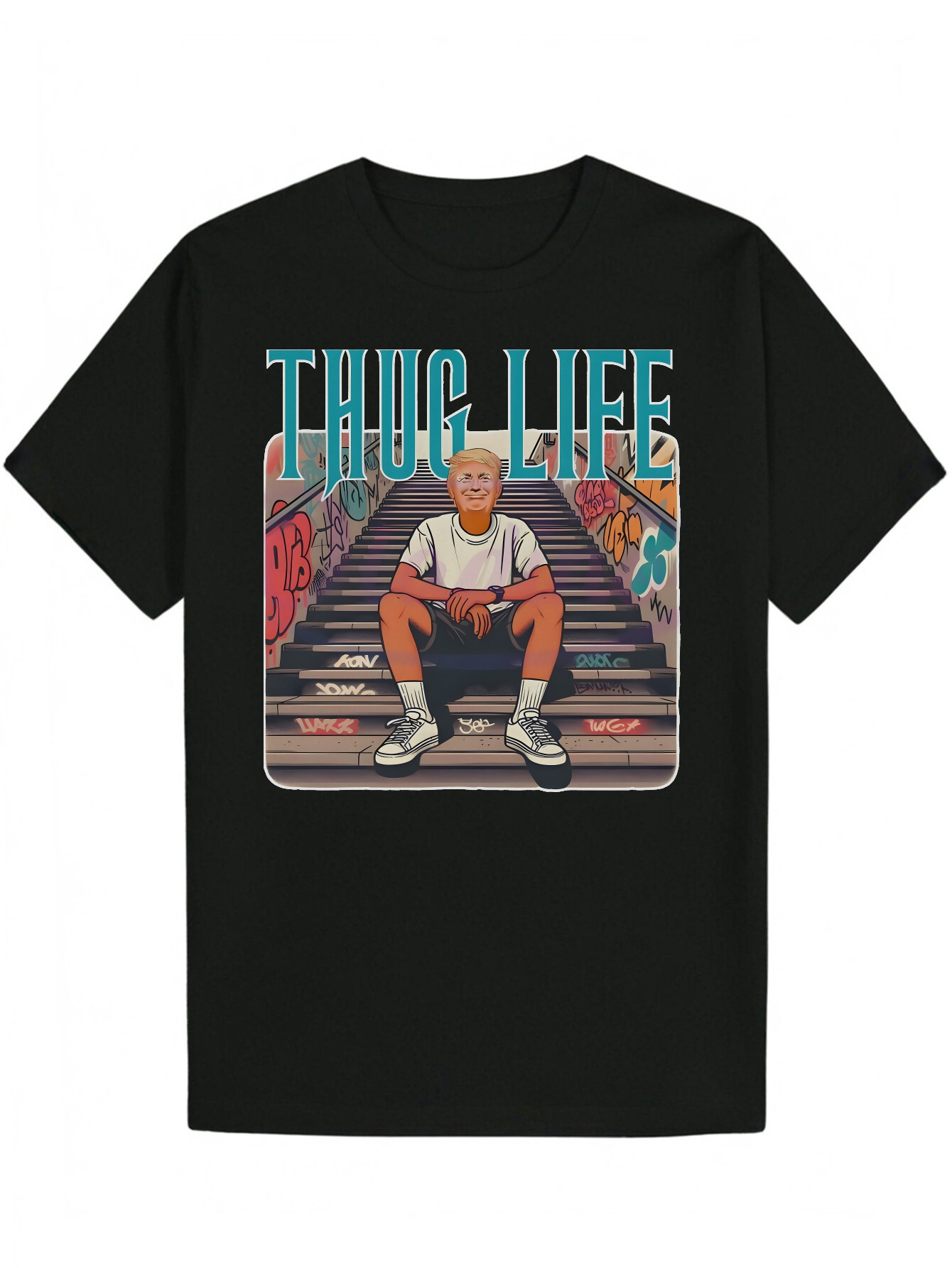 Men's Summer Casual Graphic - 'THUG LIFE' Design, Crew Neck, Short Sleeve, Regular Fit, Black with Colorful Artwork, Everyday T-Shirt G