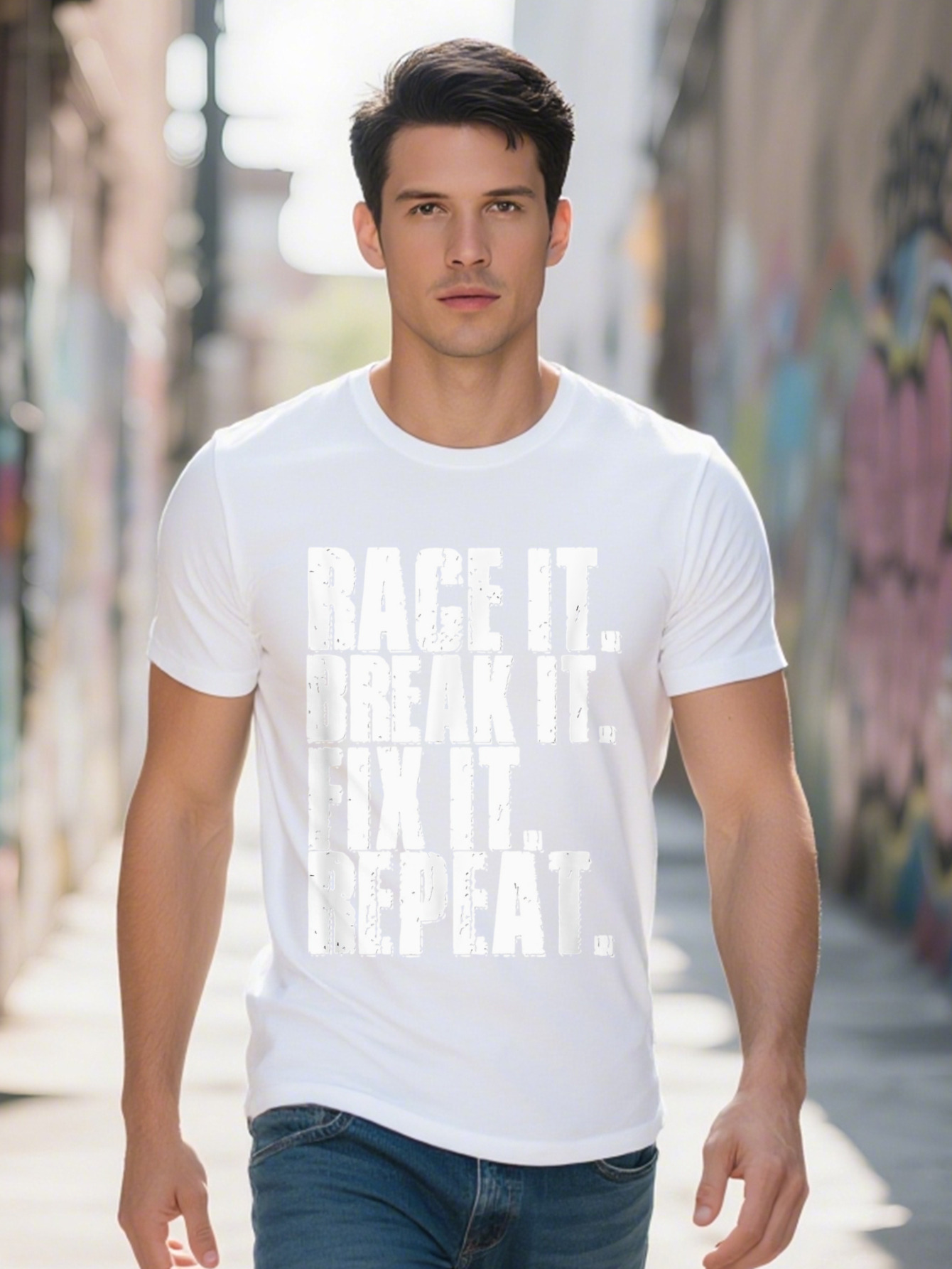 Men s Race Break Fix It Repeat Cotton Tee g Black with Distressed Print Casual Crew Neck Short Sleeve T Shirt edaa2