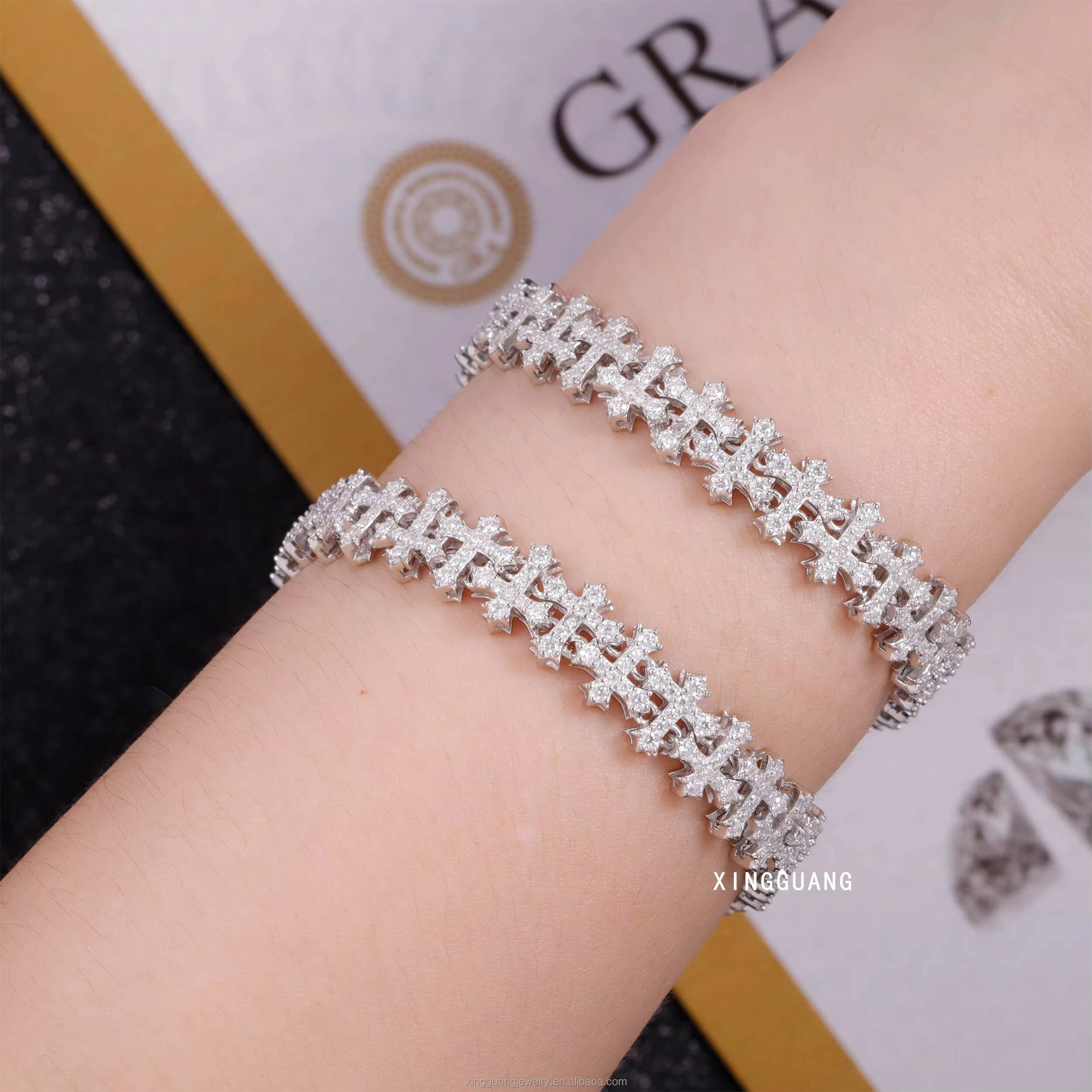 Fashion Best Selling Prong Setting 18k White Gold Plated Iced Out Jewelry Moissanite Diamond Hip Hop Cross Cuban Link Bracelet