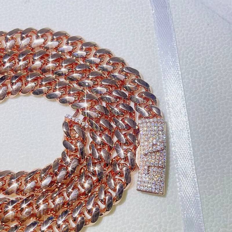 Zuanfa Jewelry Sterling Silver 925 Plain Cuban Necklace Iced Out 8MM Rose Gold Name Cuban Chain
