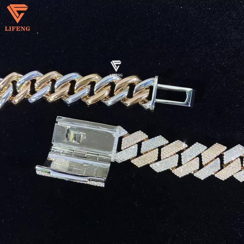 Iced Hip Hop Jewelry Luxury Two Tone Rose Gold 15mm Classic Moissanite Cuban Link Chain Necklace 925 Silver Men Cuban Chain