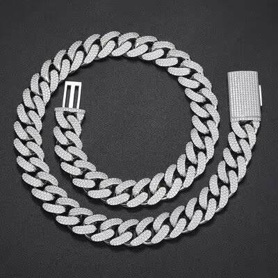 925 Sterling Silver Moissanite Cuban Chain Necklace 15mm Sparkling Rhodium Plated in Hip-hop Style Following Miami Cuban Style