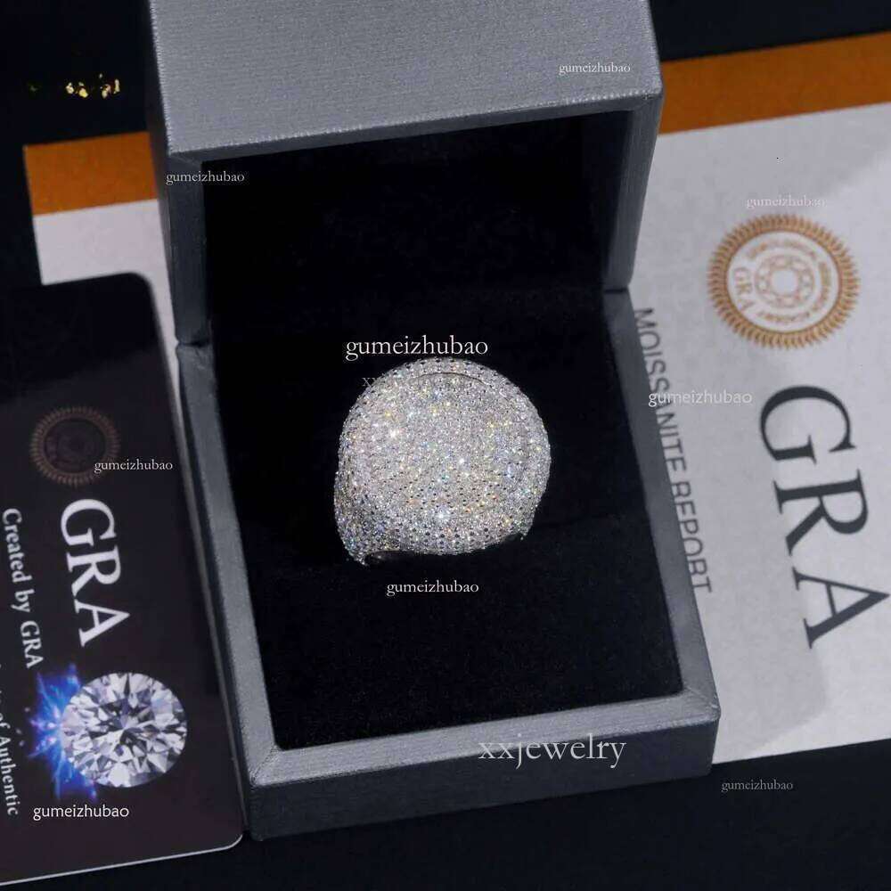 Stock Pass Tester Hip Hop Jewelry Sier Fully Iced Bubble Edge Round Dia Moissanite Men Pinky Ring