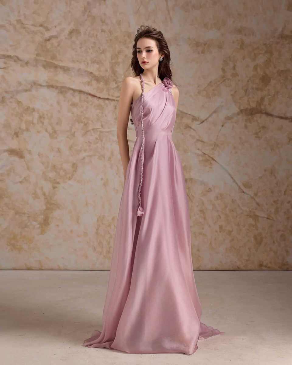 New Design One Shoulder Evening Dress Pleat Flower Sleeveless Party Dresses Floor Length Modern Style Cocktail Prom Gowns