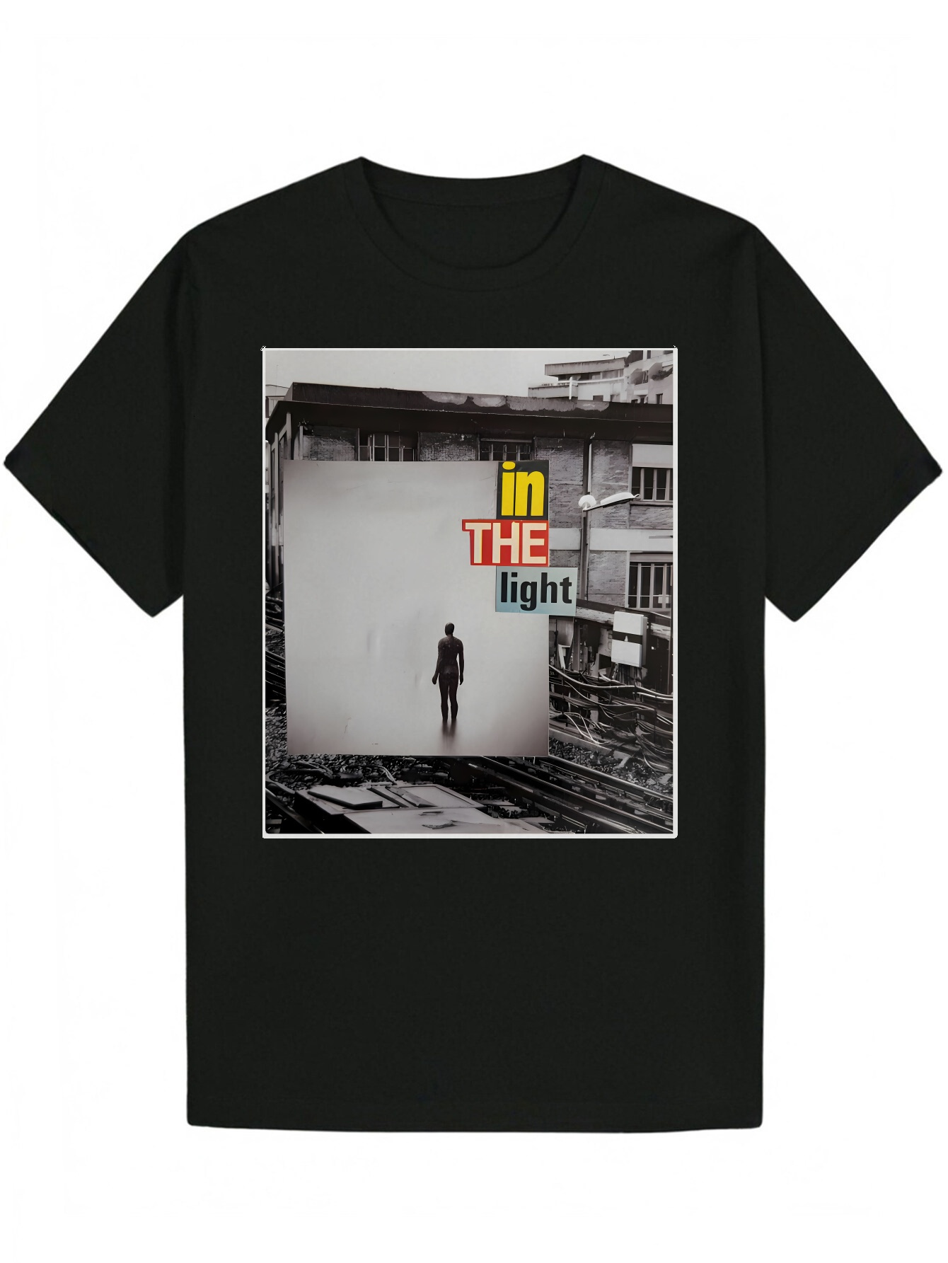Men's Summer Graphic - Round Neck Polyester T-Shirt with 'IN THE LIGHT' Print, Black, Lightweight and Breathable, Suitable for Casual W