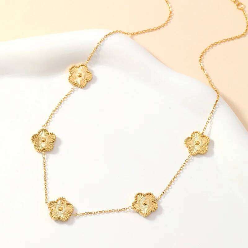 Gold Plated Stainless Steel Double Sided Chain Necklace for Women Five Flowers Clover Fashion Jewelry Accessories