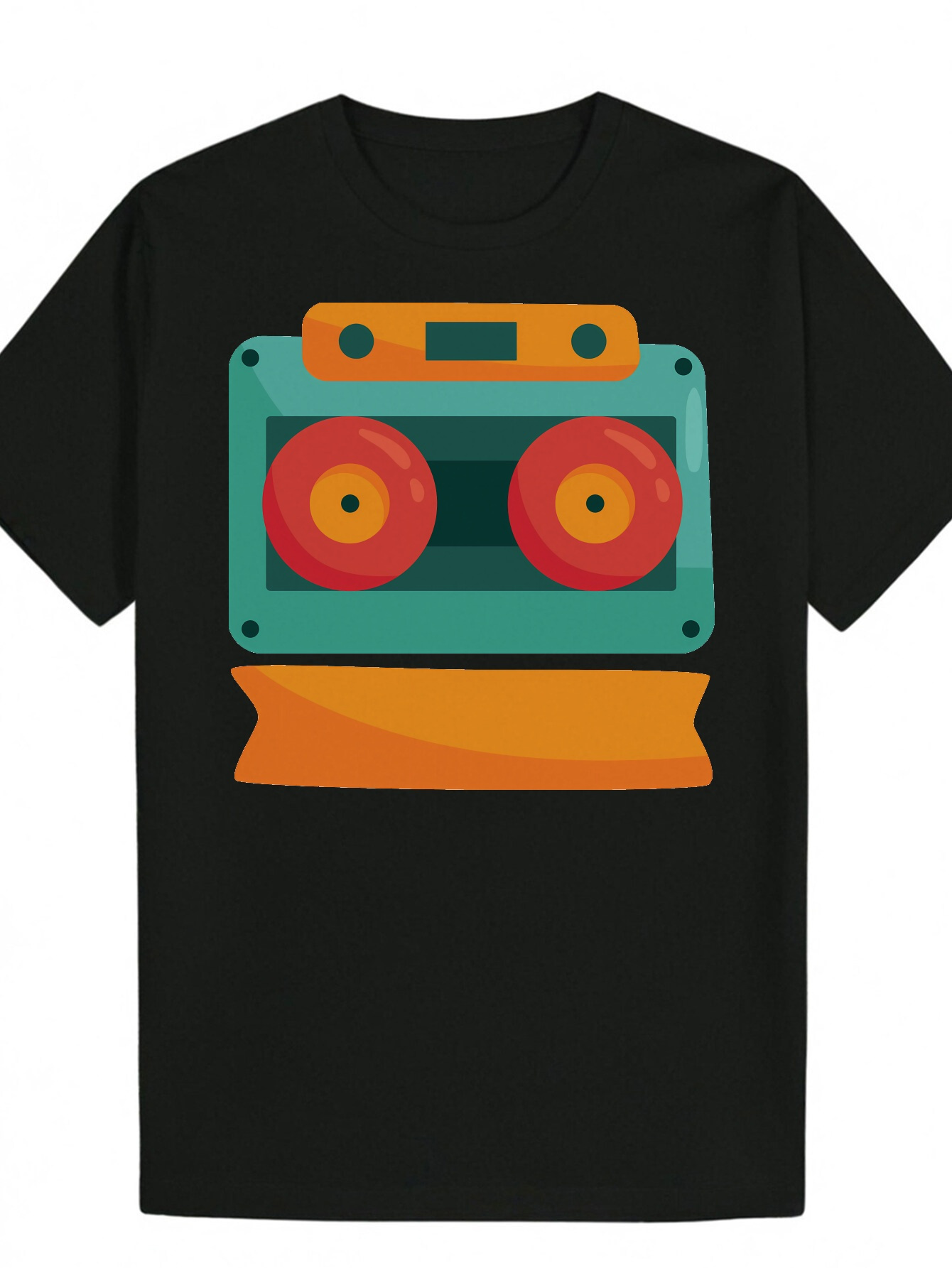Men's Summer Pattern T-Shirt - Cassette Print, Black Polyester Crew Neck T-Shirt, Breathable and Machine Washable, Suitable for Casual Wear 8184a