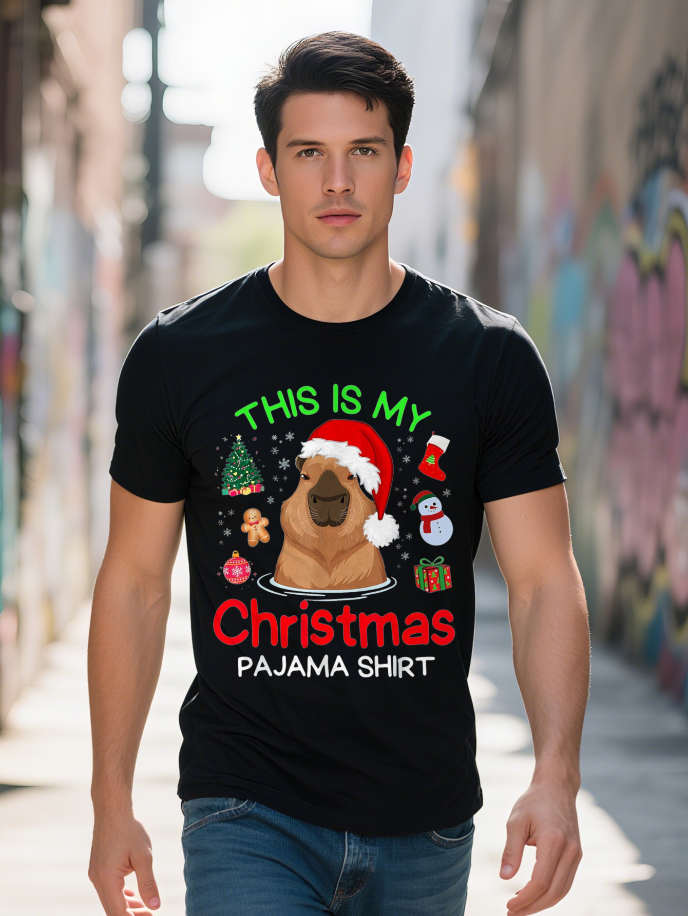 Men s Capybara T This Is My Pama Shirt Holiday Graphic Tee Cotton Short Sleeve Festive Santa Hat Design 914d2