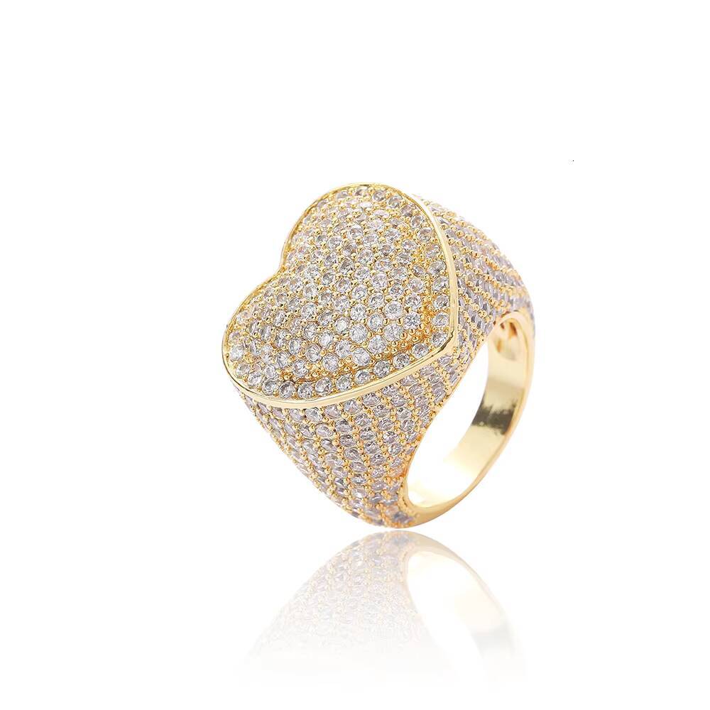 Hip Hop Diamond Heart Ring Women Full 3A Zircon 18k Gold Plated Iced Out Love Ring