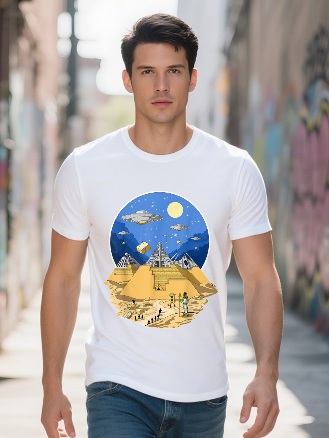 Men s Egyptian Pyramids UFO Sci Fi Graphic T Shirt Cotton Short Sleeve Round Neck with Vibrant Digital Print d6823