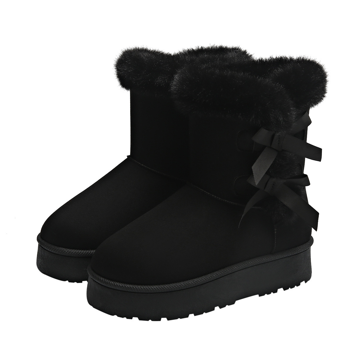 Fleece - Lined and Thickened Snow Boots with Slip - On Design New Winter 2025 Model Thick Sole Furry Opening Bow - Knot Warm and Available in Large Si