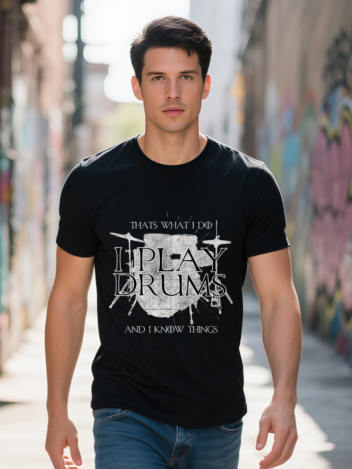 Men s Cotton T Shirt Play Drums And I Know Things Rocker Gift Funny Graphic Tee for Music Lovers Black Casual 8b1db
