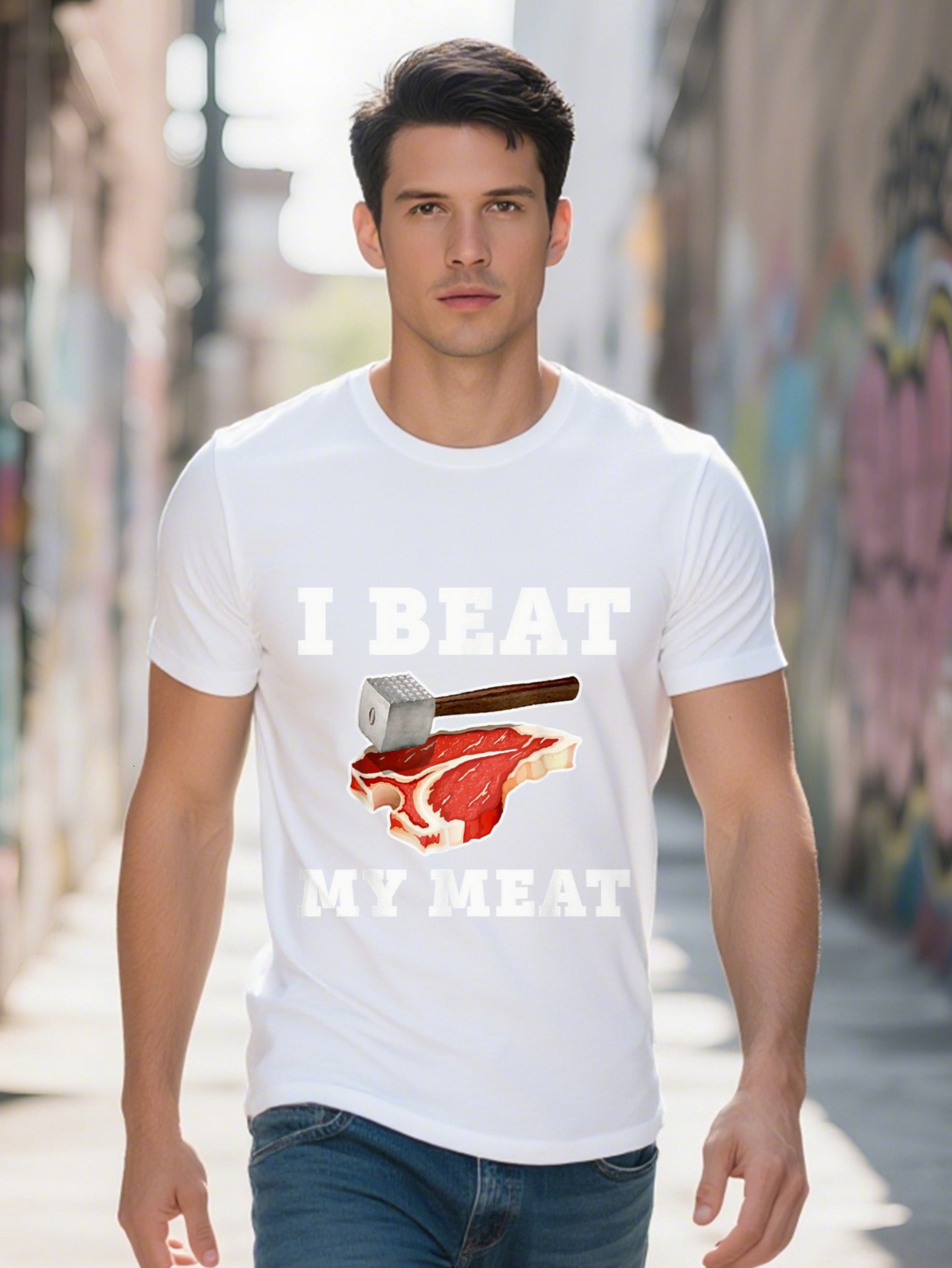 Men's T-shirt Cotton I Beat My Meat Funny Steak Hammer Pun Men Women Cook Tshirt T Shirt f770f