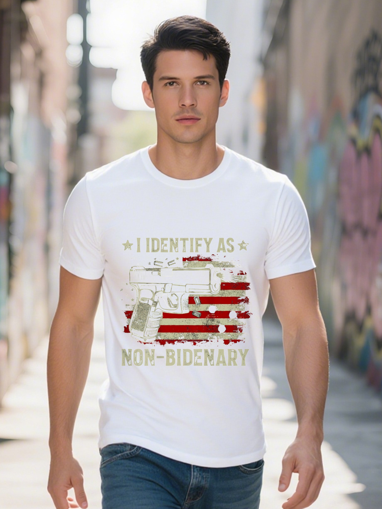 Gun American Flag Funny I Identify As Non-Bidenary on Back T-Shirt f5262
