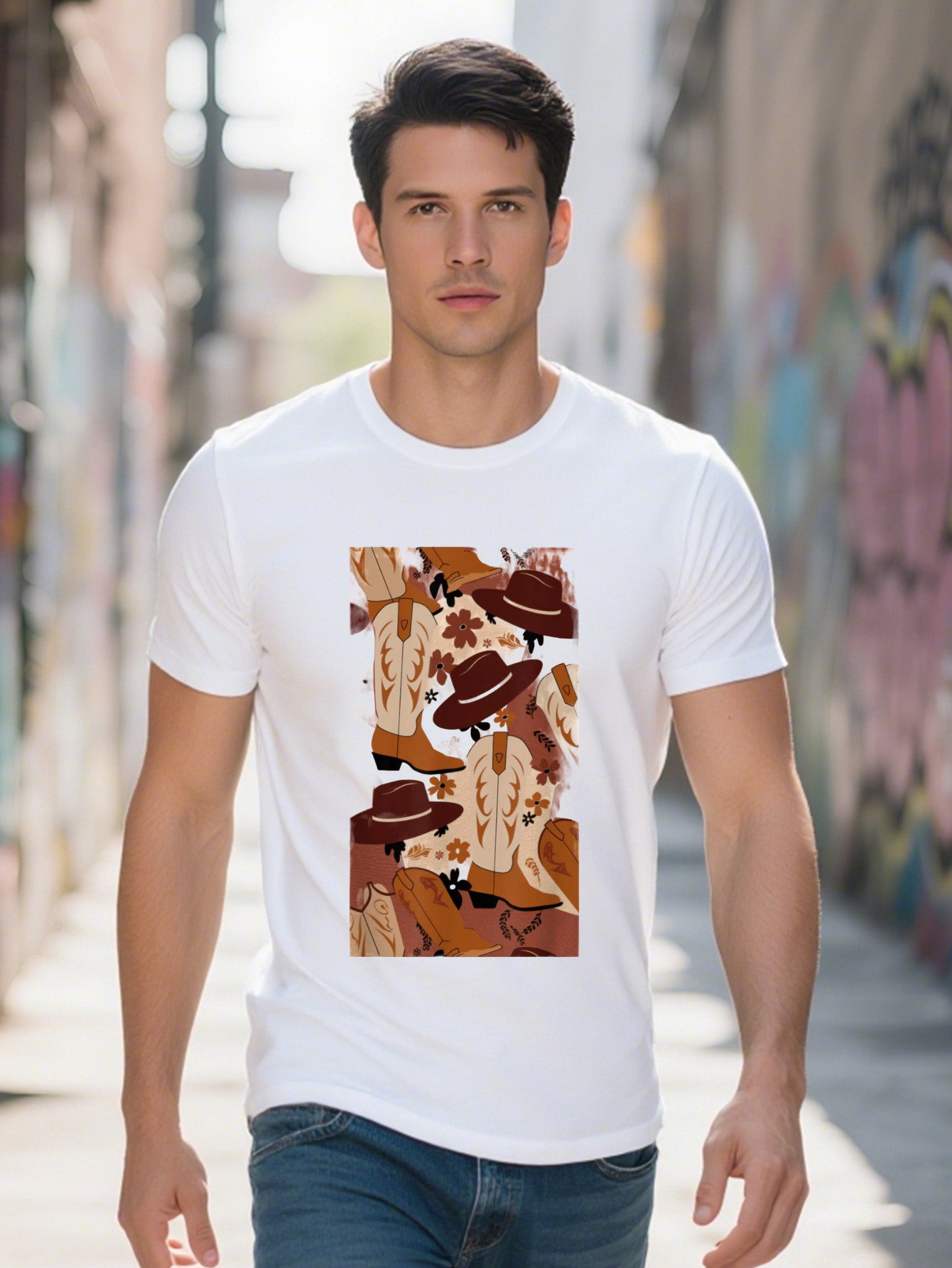 Men's Vintage Cowgirl Graphic T-Shirt Cotton Short Sleeve Tee with Cowboy Boots Hats Floral Print Regular Fit d9bda