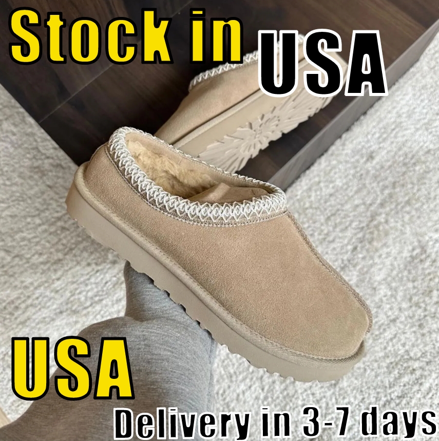 Tazz Slippers tasman Mustard Seed Chestnut Fur Slides Sheepskin Shearling Classic Ultra Mini Platform Boot Winter Mules Women Men Suede Upper Wool boot