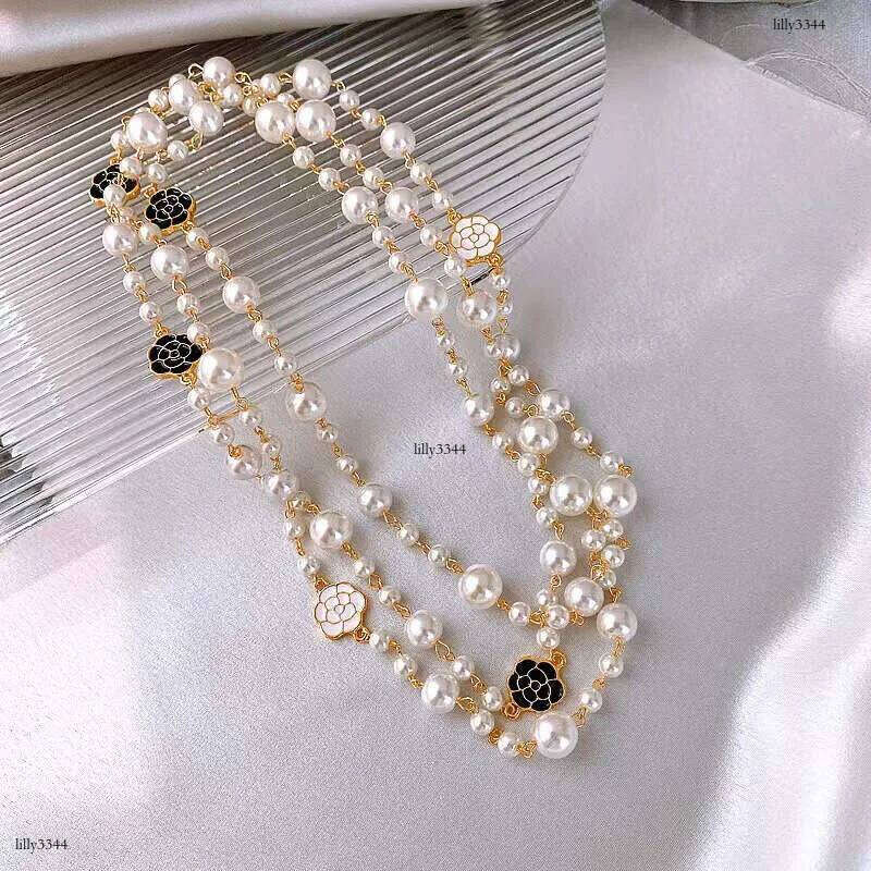DHcollections NK-123 Oil Drip Rose Flower Style Pearl Layerable Long Sweater Chain Necklace Jewelry Wholesale