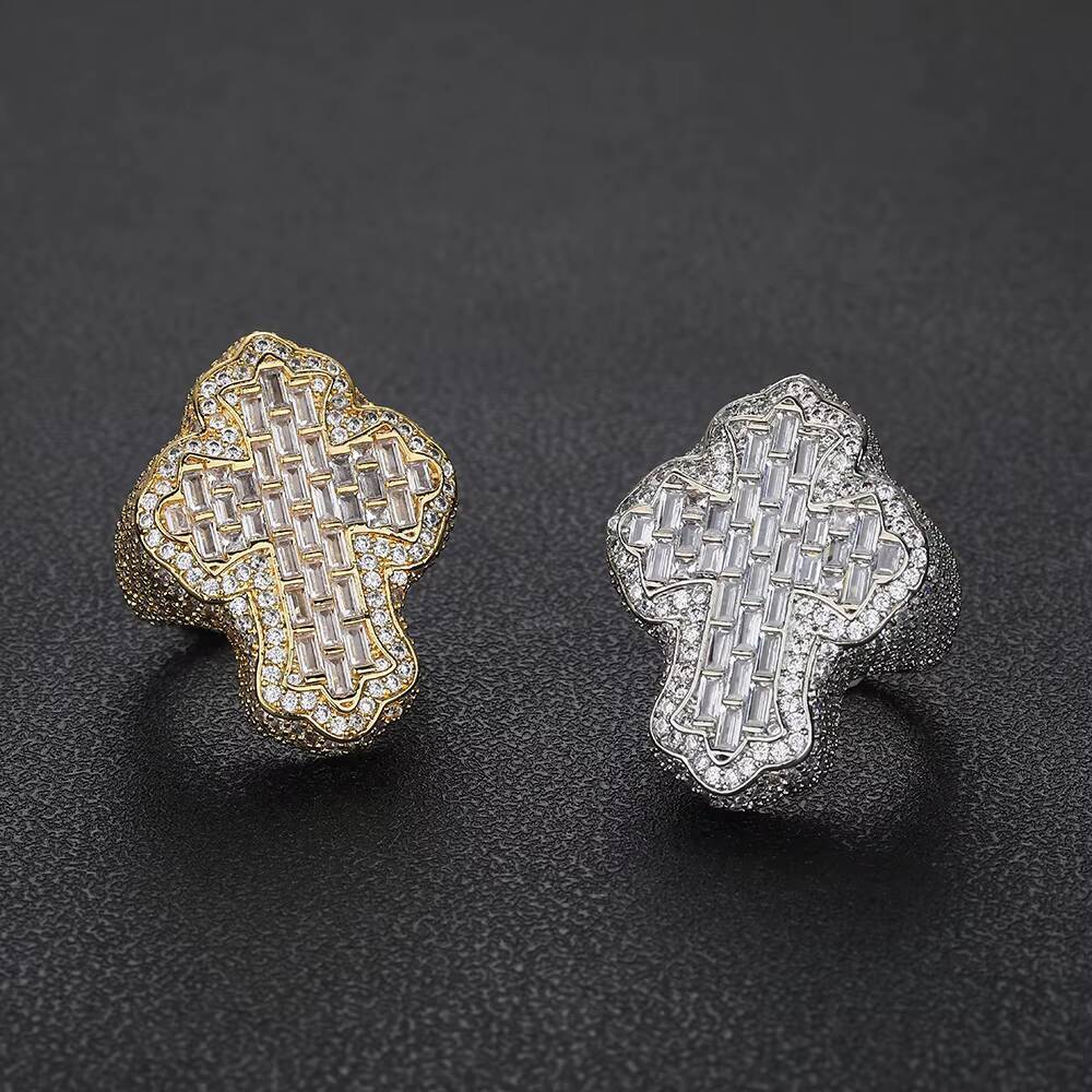 Hip Hop Jewelry Luxury Baguette Diamond Cross Rings Iced Out Moissanite 925 Sterling Silver Ring for Men and Women