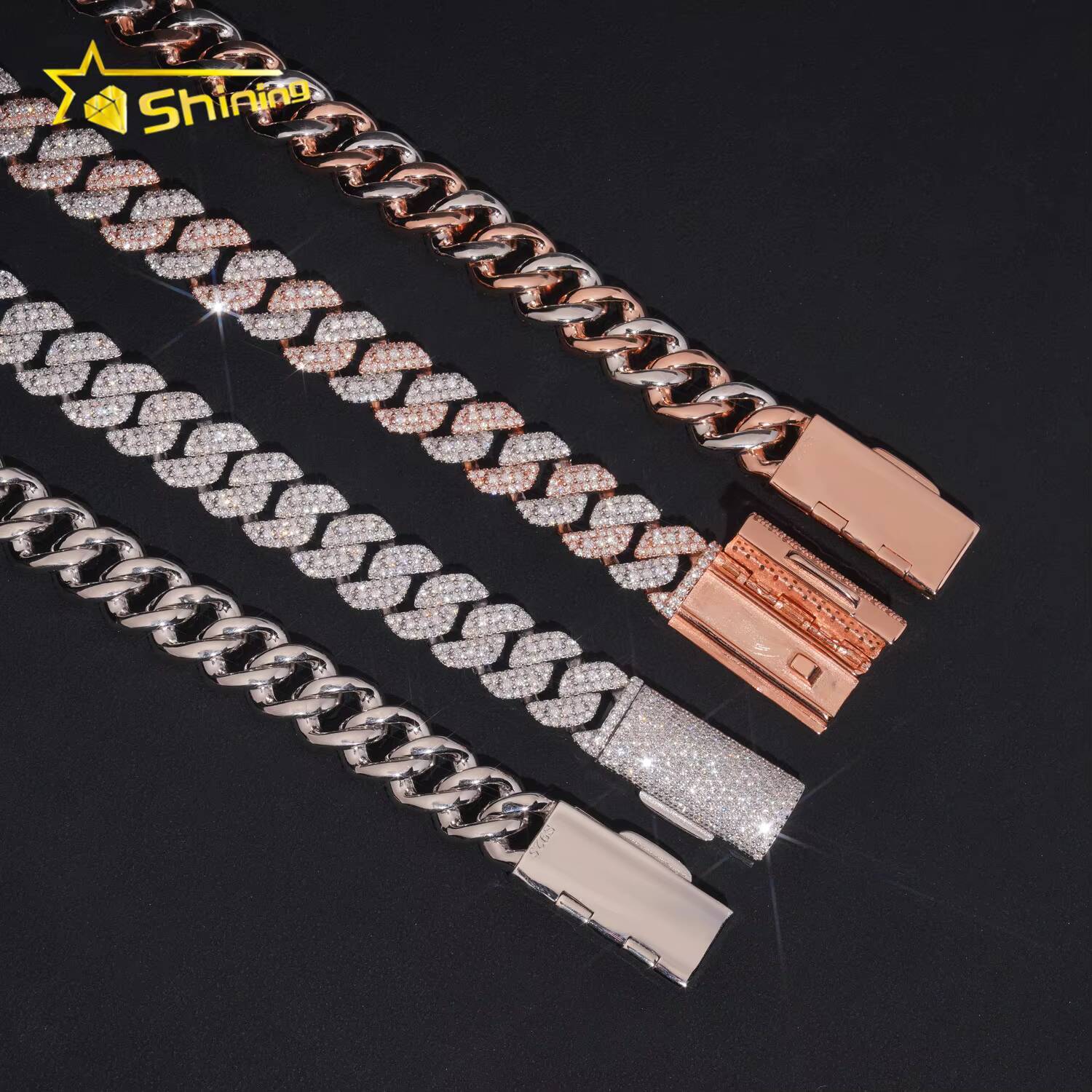 RTS Factory Hip Hop Jewelry 13mm Raised Stones Solid 925 Sterling Silver Gold Plated Iced Out Moissanite Miami Cuban Link Chain