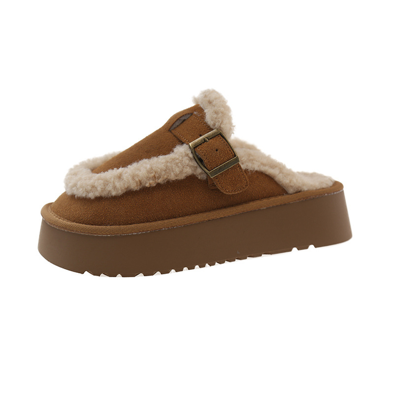 Women's Outdoor Cotton Slippers New 2025 Autumn/Winter Style Fleece-lined Fluffy Lazy One-step-on, Closed-toe Half Slippers