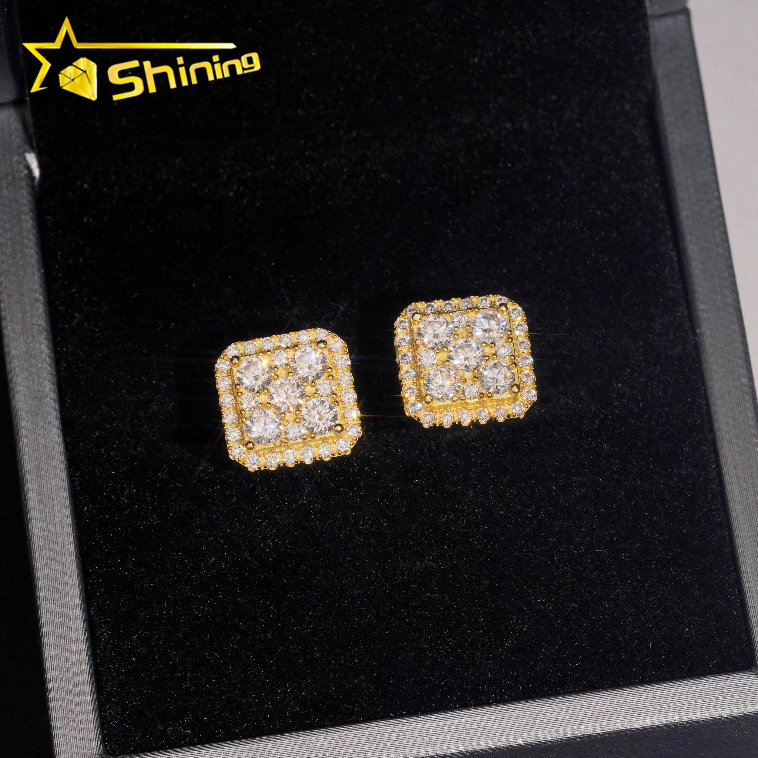 USA Warehouse Fast Shipping Square Shape 11mm Sparkling Moissanite 925 Sterling Silver Gold Plated Screw Back Stud Earring