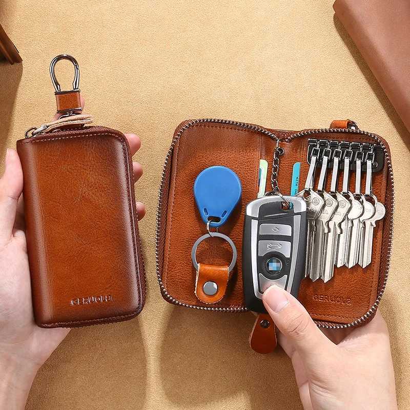 Mens Key Holder with 2 Card Slots + 1 ID Key Clip + 6 Key Rings + 1 Car Key Chain Genuine Leather Large Capacity Multi-Car G250802