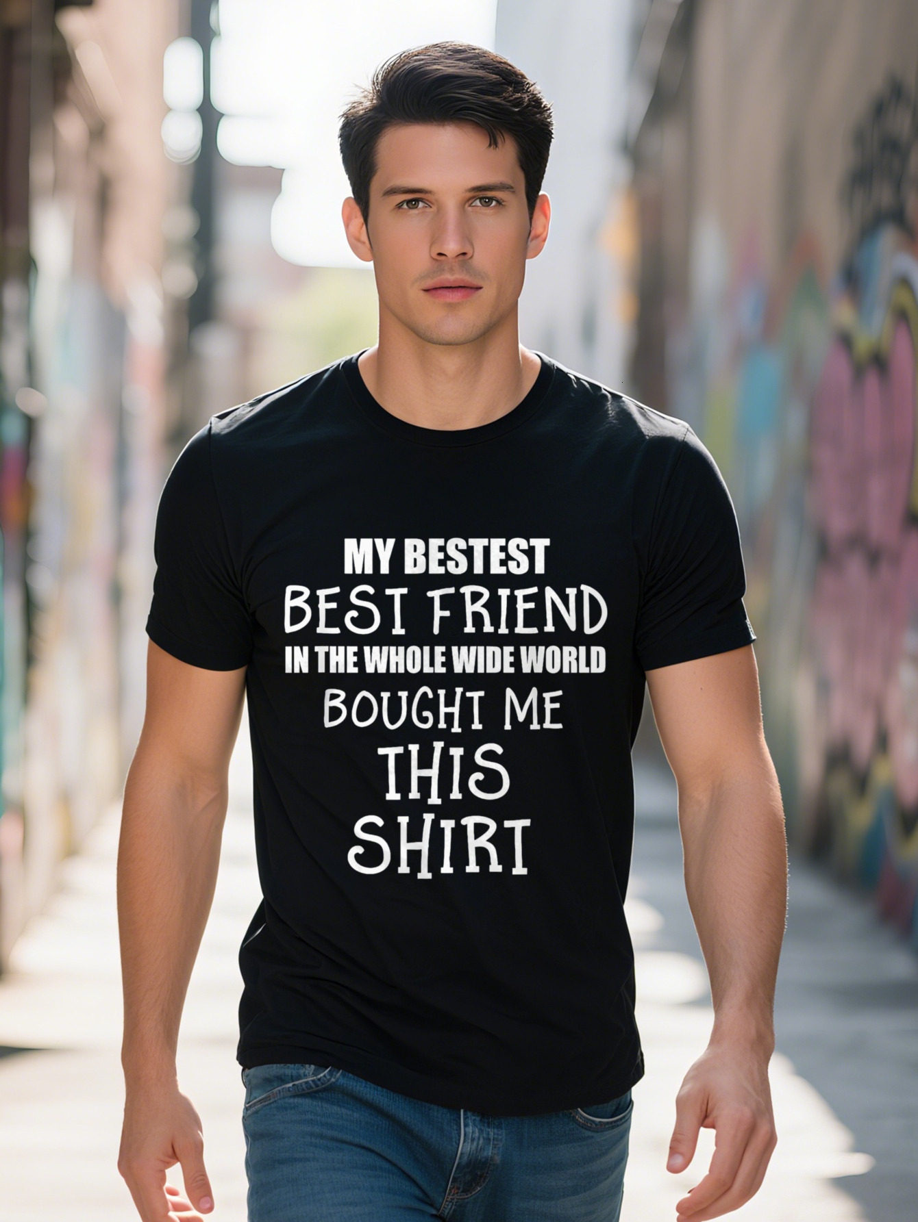Men s Classic Black Cotton T-Shirt My Best Friend in the Whole Wide World Bought Me This Shirt Print Short Sleeve 91df6