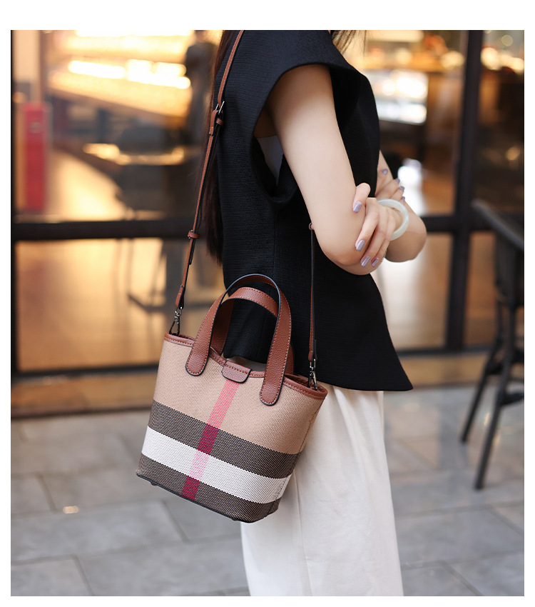 Women's Handbags Genuine Leather Canvas Checkered Color - Blocking Handheld Bags Market Basket Bags 2025 Fashion Shoulder and Cross - body Bucket