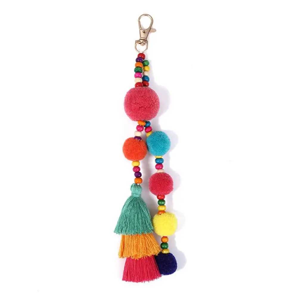 Boho Style Hair Ball Tassel Keychain Summer Beach Shell Keychain Colorful Pompom Keyring for Women Bag Hanging Pendants G250802