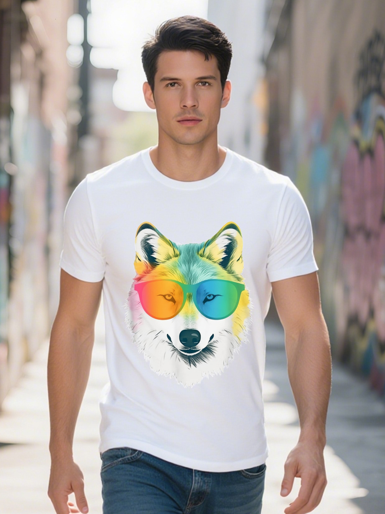 Men s White in Rainbow Glasses Graphic T-Shirt Cotton Black Casual Tee with Vibrant Wolf Design Short Sleeve 6abab