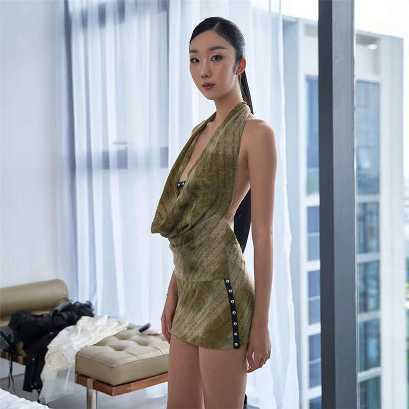2025 Spring New Women's Solid Color Slim High Waist Fashion Halter Neck Sleeveless designer Backless Dress