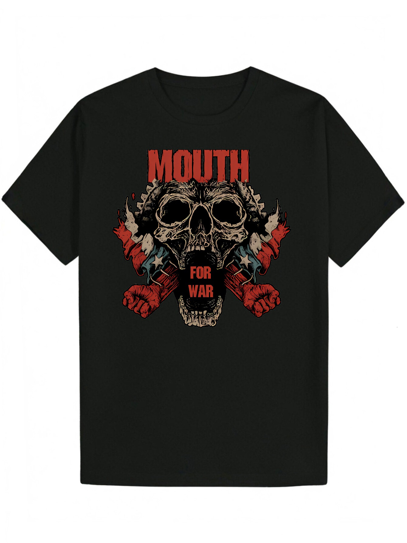Men's Pattern Printed Casual Skull and Peace Sign Design with "War Mouth" Black Polyester Summer T-Shirt - Regular Crew Neck Machine Wa