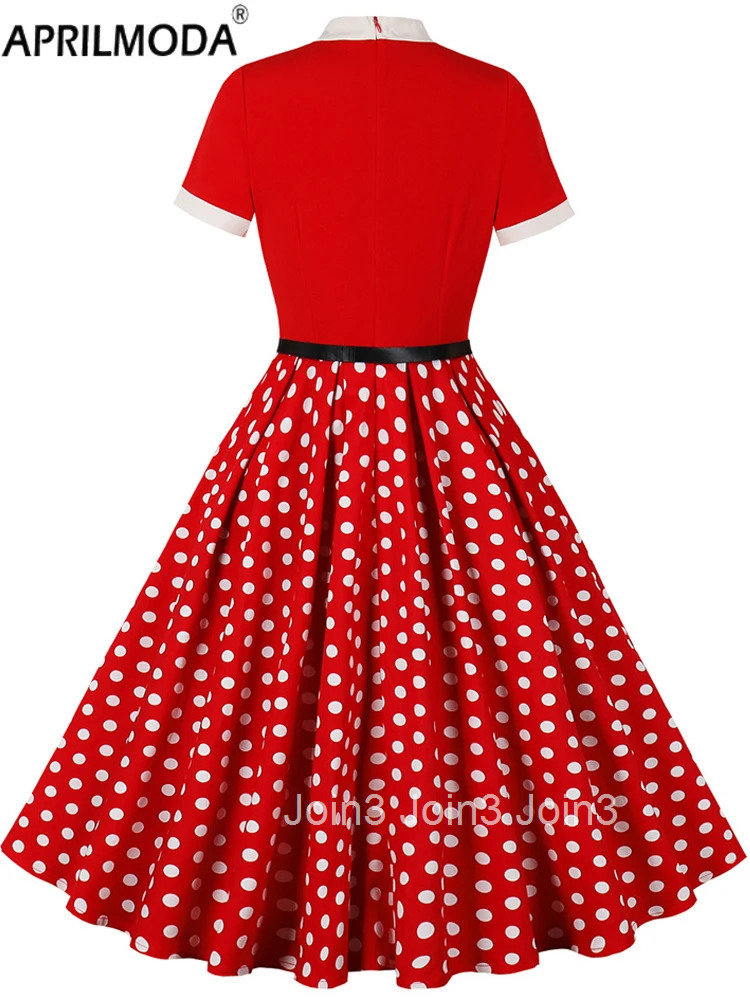 Polka Dot Print Patchwork Vintage Style A Line Swing Flare Dress Short Sleeve Red Pink Black 1950s Summer Holiday Casual Dresses