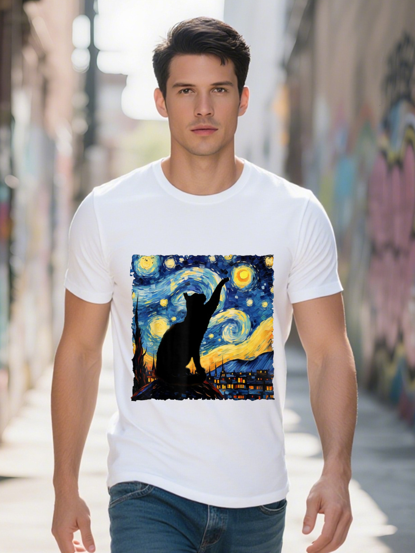 Men s Cotton T Shirt Van Gogh Starry Night Graphic Retro Black Paws Design Casual Short Sleeve Tee for All 9b57e