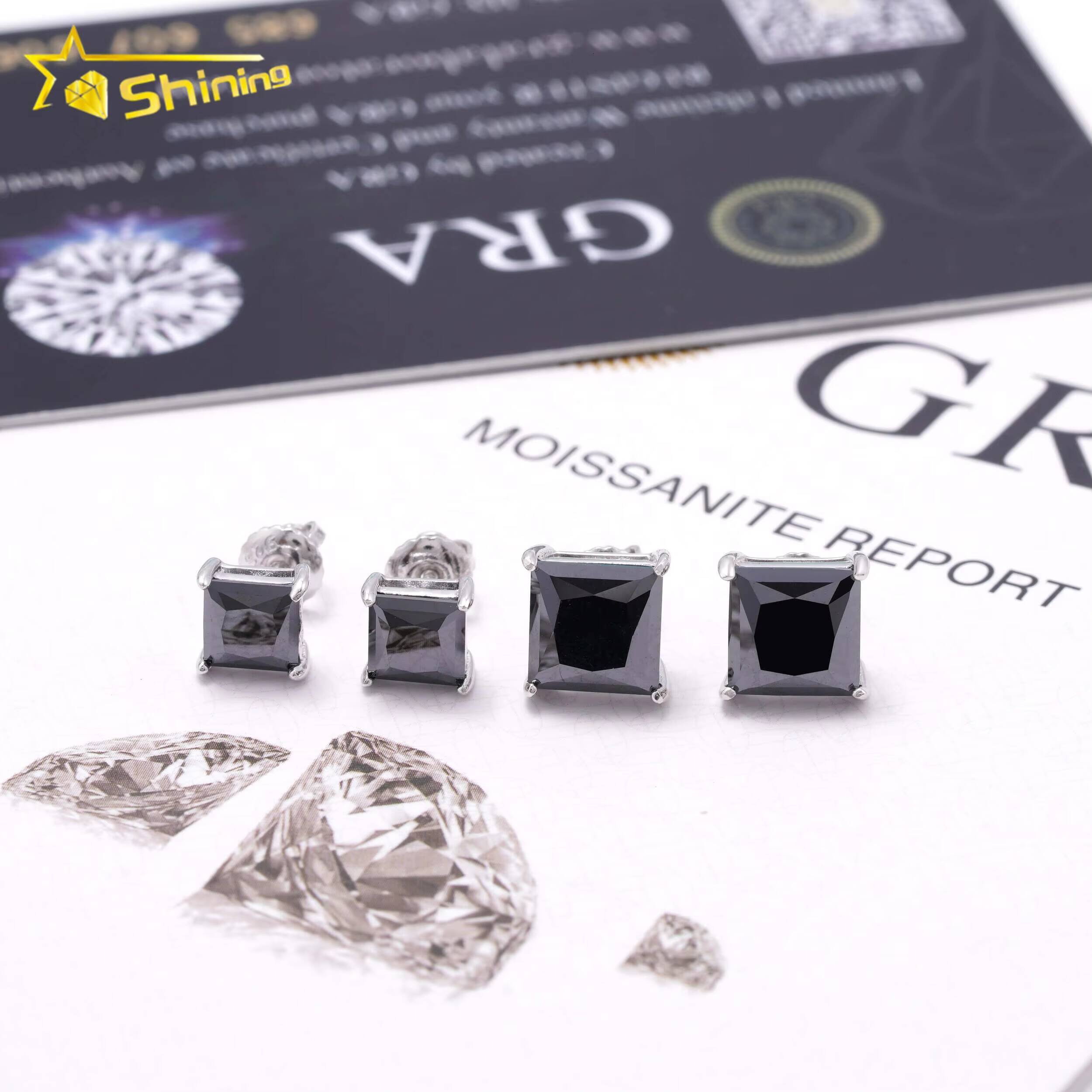 Hot Sale Pass Diamond Tester 925 Sterling Silver Screw Back Hip Hop Princess Cut Black Moissanite Earrings