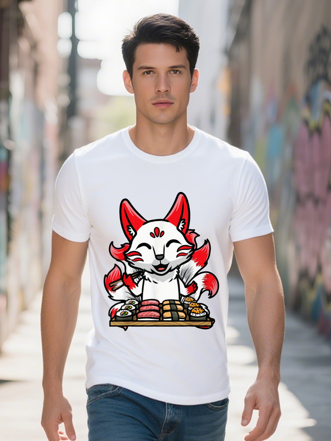Men s Cotton T Shirt Kitsune Cute Sushi Japanese Nine Tailed Design Black Short Sleeve for Everyday Wear 7734a