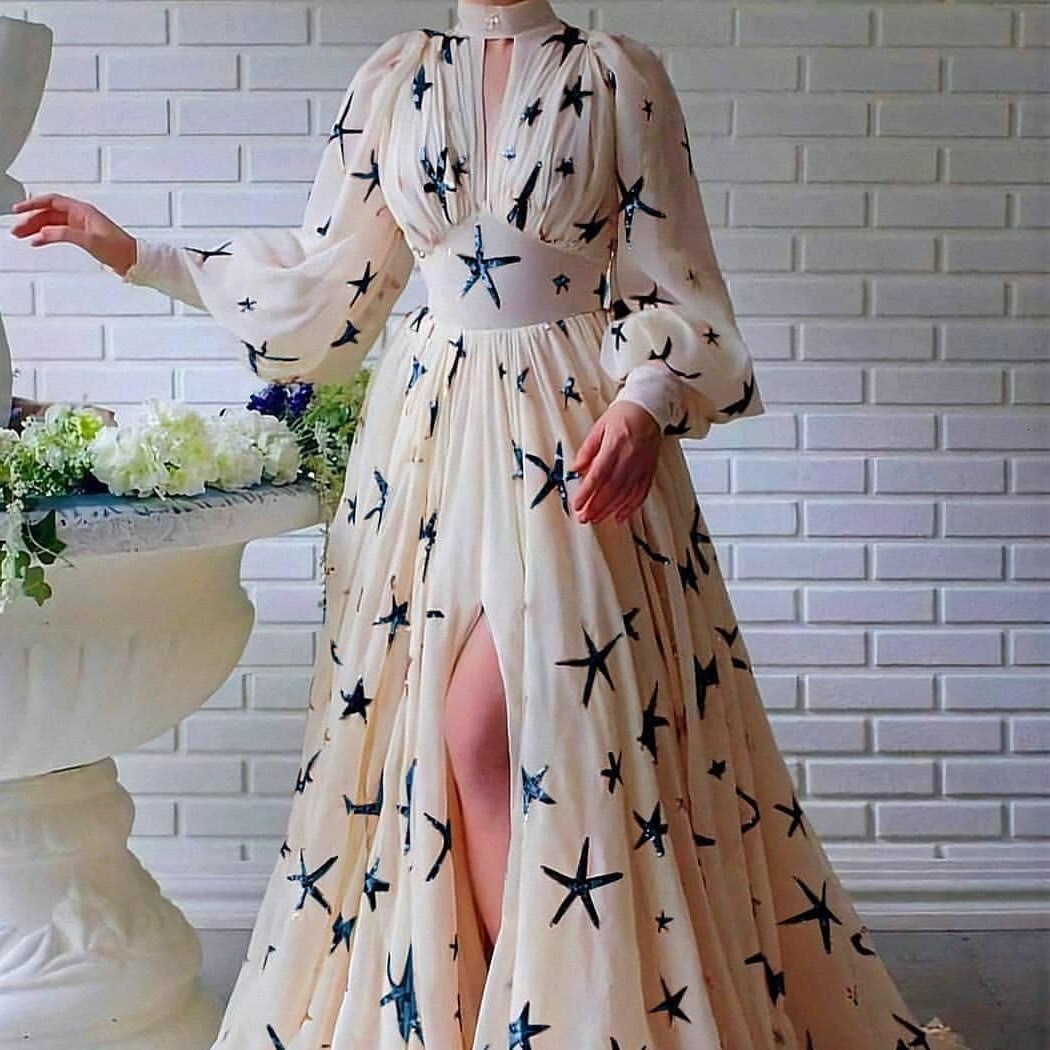 2025 New Multi Color Large Half High Collar Sparkling Lantern Sleeve Horn Chiffon Dress New Designer Dress