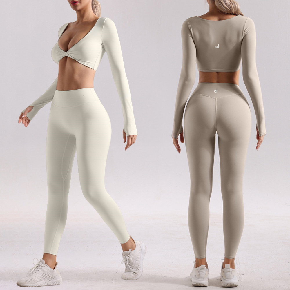 Yoga Two Piece Tops Pants Set Women Sportswear Workout Clothes For Fitness Long Sleeve Pilates Leggings Women's Sport Suits