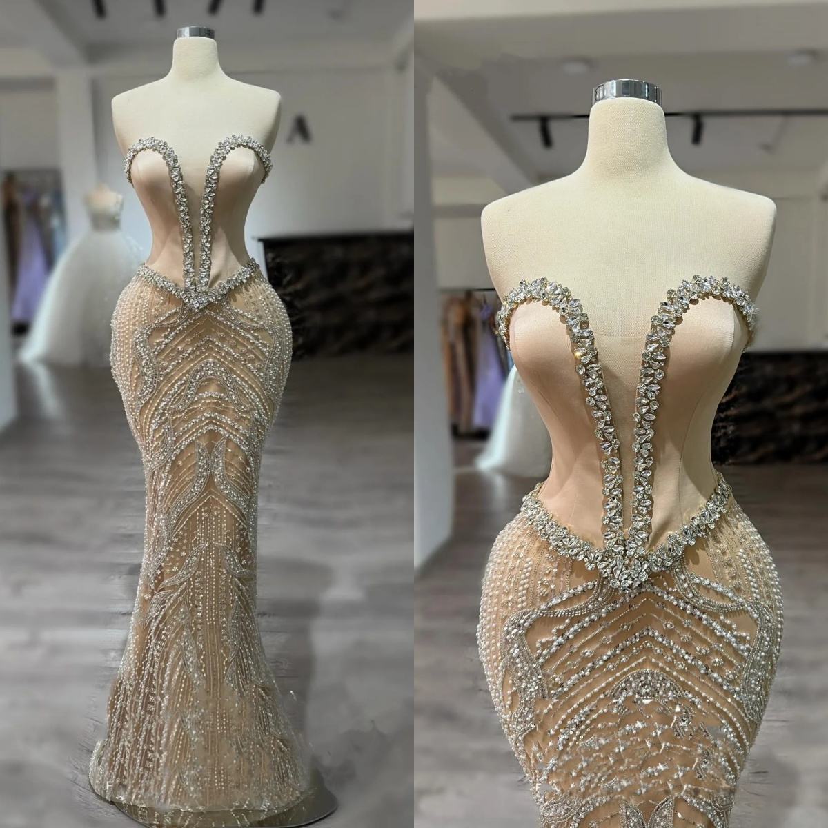 Gorgeous Evening Dresses Strapless Prom Dress Rhinestone Beading Crystal Sleeveless Deep V Neck Mermaid Party Gowns Vestidos De Noche Plus Size