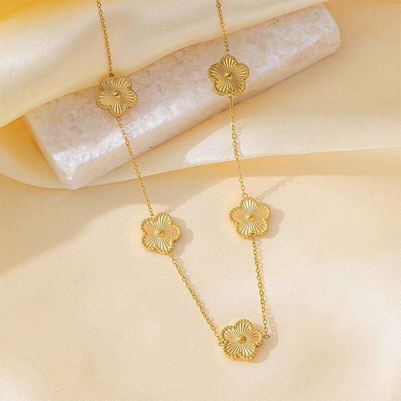 Gold Plated Stainless Steel Double Sided Chain Necklace for Women Five Flowers Clover Fashion Jewelry Accessories