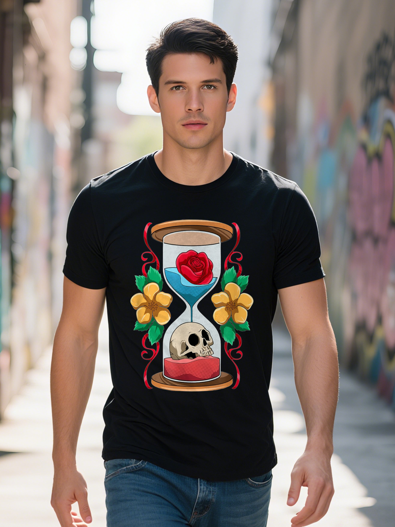 Men s Rose Timer Graphic T Shirt Cotton Short Sleeve Round Neck Black with Vibrant Floral Skull Design a9152